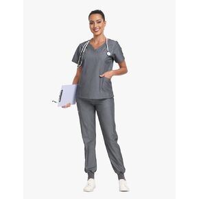 Scrubs for Women Set, Curve V-Neck Top & Drawstring Jogger Pants, 7 Pockets, 4-Way Stretch Nurse Uniforms