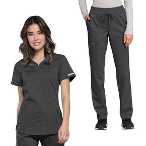 مجموعة شيروكي فرك للنساء V -neck Scrub Top WW601 Mid Rise Inpored Leg Squartring Scrub Pant WW105 ، Pewter - XL Top/XL Pant