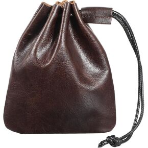 Drawstring Cowhide Bag, Leather Storage Bags Small Waterproof Pouch Vintage Leather Pouch for Earphone Jewelry(Small)