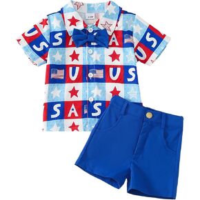 Toddler Boy 4th of July Outfit Gentleman American Flag Shirt+Shorts Independence Day Clothes