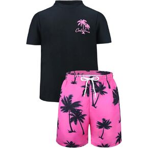 Boy's 2 Piece Bathing Suit Tropical Tree Printed Short Sleeve Tee and Shorts Set Swimwear Outfit