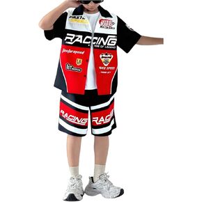 SOLY HUX Boy's Summer Two Piece Outfits Racing Graphic Button Down Shirt and Shorts Set Streetwear