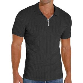 Men's Zip Polo Shirts Short Sleeve Slim Fit Ribbed Muscle Shirt Fashion Golf Tees