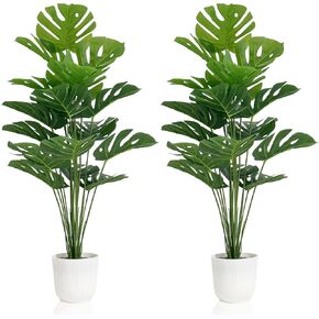 Set of 2 Artificial Monstera Deliciosa Plants in Pots, Fake Tropical Trees with Greenery Leaves Stems, 32 Inch Faux Swiss Cheese Floor Plants for Home Porch, Garden, Office, Store Decor
