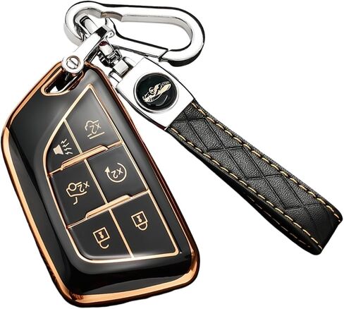 Key Fob Cover for Cadillac with Key Chain, Soft TPU Car Key Case Shell Protector Fit for Escalade CT4 CT6 CT5 XTS XT4 XT5 ATS (Black-Gloden, 6 Buttons) in Saudi Arabia