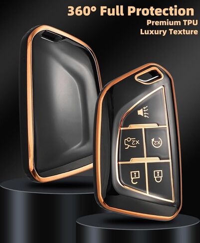 Key Fob Cover for Cadillac with Key Chain, Soft TPU Car Key Case Shell Protector Fit for Escalade CT4 CT6 CT5 XTS XT4 XT5 ATS (Black-Gloden, 6 Buttons) in Saudi Arabia