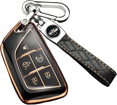Key Fob Cover for Cadillac with Key Chain, Soft TPU Car Key Case Shell Protector Fit for Escalade CT4 CT6 CT5 XTS XT4 XT5 ATS (Black-Gloden, 6 Buttons) in Saudi Arabia