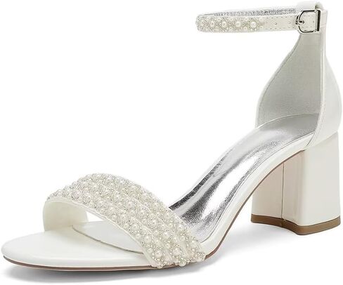 Block Heels Pearls Wedding Sandals Open Toe Ankle Strap Evening Party Summer Shoes in Kuwait