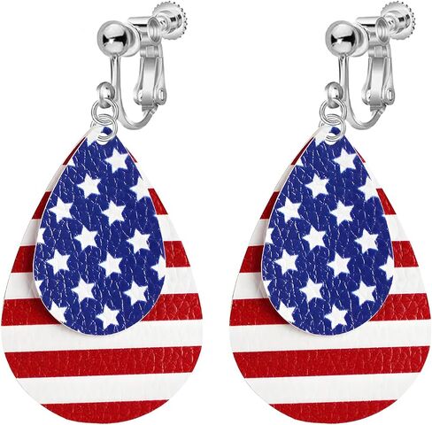 Clip On American Flag Earrings for Women, Non-Piercing, 4th of July Patriotic Cute Teardrop Faux Leather Dangle Jewelry, Independence Day Handmade Red White Blue Flag Earrings in Saudi Arabia