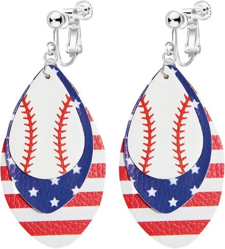 Clip On American Flag Earrings for Women, Non-Piercing, 4th of July Patriotic Cute Teardrop Faux Leather Dangle Jewelry, Independence Day Handmade Red White Blue Flag Earrings in Saudi Arabia