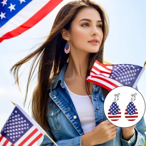 Clip On American Flag Earrings for Women, Non-Piercing, 4th of July Patriotic Cute Teardrop Faux Leather Dangle Jewelry, Independence Day Handmade Red White Blue Flag Earrings in Saudi Arabia