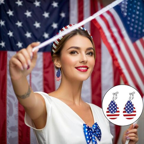 Clip On American Flag Earrings for Women, Non-Piercing, 4th of July Patriotic Cute Teardrop Faux Leather Dangle Jewelry, Independence Day Handmade Red White Blue Flag Earrings in Saudi Arabia