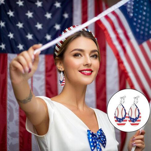 Clip On American Flag Earrings for Women, Non-Piercing, 4th of July Patriotic Cute Teardrop Faux Leather Dangle Jewelry, Independence Day Handmade Red White Blue Flag Earrings in Saudi Arabia