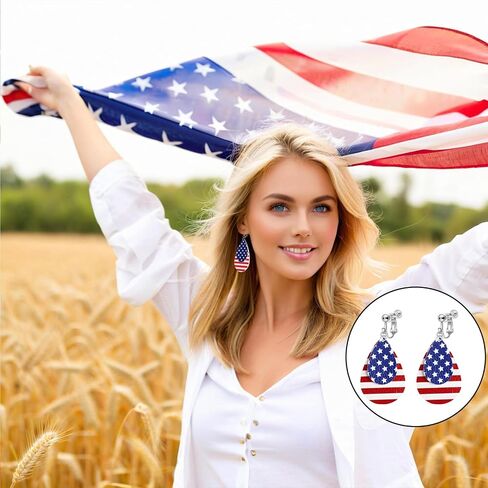 Clip On American Flag Earrings for Women, Non-Piercing, 4th of July Patriotic Cute Teardrop Faux Leather Dangle Jewelry, Independence Day Handmade Red White Blue Flag Earrings in Saudi Arabia
