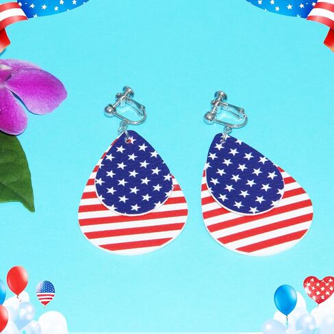 Clip On American Flag Earrings for Women, Non-Piercing, 4th of July Patriotic Cute Teardrop Faux Leather Dangle Jewelry, Independence Day Handmade Red White Blue Flag Earrings in Saudi Arabia