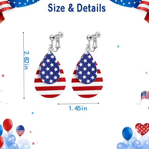 Clip On American Flag Earrings for Women, Non-Piercing, 4th of July Patriotic Cute Teardrop Faux Leather Dangle Jewelry, Independence Day Handmade Red White Blue Flag Earrings in Saudi Arabia