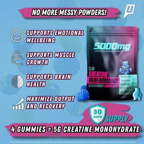 Creatine Monohydrate Gummies, 5g Creatine 30 Servings, Fast Absorbing for Men and Women, Supports Strength Muscle and Performance - 120 Count - Blue Raspberry, Premium All Natural in Saudi Arabia