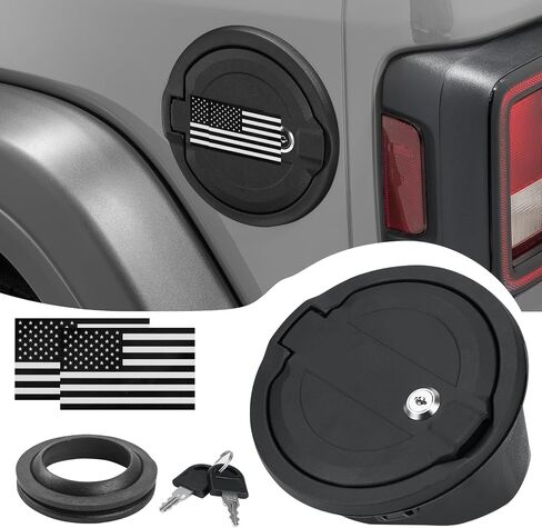 غطاء حشو الوقود غطاء غلاف الغاز الأسود متوافق مع Jeep Wrangler 2018-2024 JL & JLU 2 Door و 4 door + us flag sticker ، aluminium + abs accessories in Kuwait