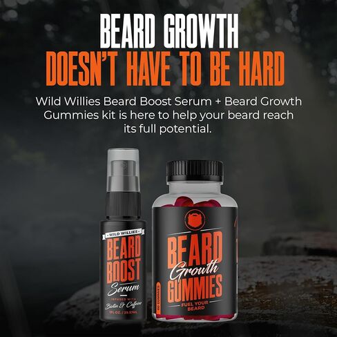 Wild Willies Growth Growth Dual Thual: Growth Growth Growth Mit و Merum Kit للرجال - البيوتين ، الكافيين وزيت النمو الأساسي لشعر الوجه الكامل ، فيتامينات اللحية وتحسين نمو اللحية in Kuwait