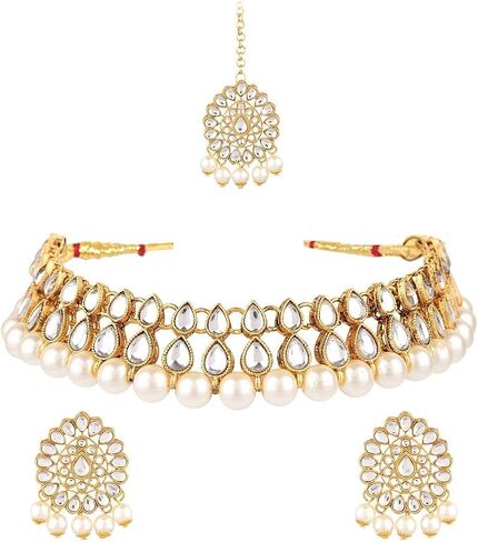 Efulgenz Kundan Necklace Indian Jewelry Kundan Crystal Faux Pearl Necklace Set Bollywood Wedding Choker Necklace Earrings Maang Tikka Bridal Set for Women in Saudi Arabia
