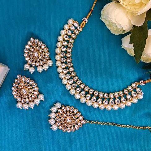 Efulgenz Kundan Necklace Indian Jewelry Kundan Crystal Faux Pearl Necklace Set Bollywood Wedding Choker Necklace Earrings Maang Tikka Bridal Set for Women in Saudi Arabia