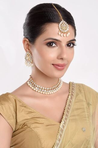 Efulgenz Kundan Necklace Indian Jewelry Kundan Crystal Faux Pearl Necklace Set Bollywood Wedding Choker Necklace Earrings Maang Tikka Bridal Set for Women in Saudi Arabia