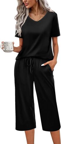 Ekouaer Womens Pajama Sets Soft Cotton Pj Short Sleeve Top with Capri Pants Sleepwear 2 Piece Print Loungewear,S-XXL in Kuwait