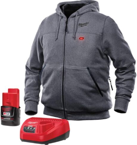 Milwaukee Hoodie Hoodie Kit M12 12V Lithium -ion مناطق الحرارة الأمامية والخلفية - البطارية والشاحن المشمولة - (كبير ، رمادي) in Saudi Arabia