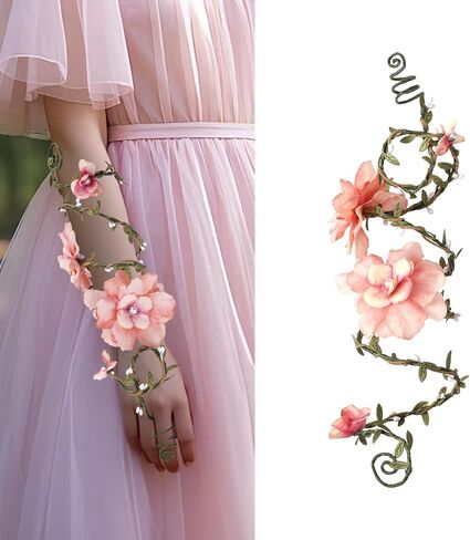 FRESHME Renaissance Fairy Flower Arm Wrap - 1 PC Elf Arm Cuff Bracelet with Pink Flowers Woodland Forest Mother Nature Costume Poison Ivy Costume Fantasy Renfaire Cosplay Prom Dress Up Accessories for Women in Kuwait