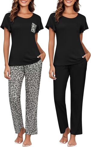 Ekouaer 2 Pack Womens Pajama مجموعات قصيرة مع مجموعة طويلة من Pajama Pant مجموعة ناعم ناعم ملابس PJ مجموعات صالة مع جيوب in Kuwait