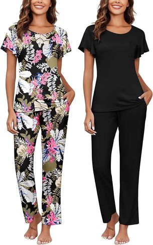 Ekouaer 2 Pack Womens Pajama مجموعات قصيرة مع مجموعة طويلة من Pajama Pant مجموعة ناعم ناعم ملابس PJ مجموعات صالة مع جيوب in Kuwait