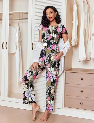 Ekouaer 2 Pack Womens Pajama مجموعات قصيرة مع مجموعة طويلة من Pajama Pant مجموعة ناعم ناعم ملابس PJ مجموعات صالة مع جيوب in Kuwait