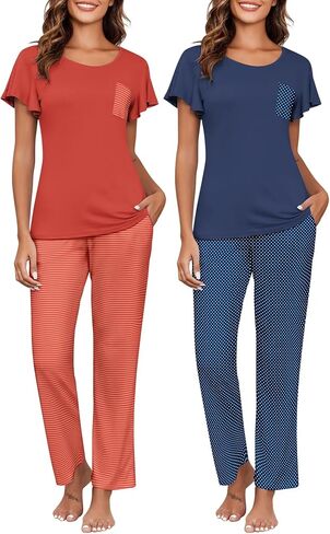 Ekouaer 2 Pack Womens Pajama مجموعات قصيرة مع مجموعة طويلة من Pajama Pant مجموعة ناعم ناعم ملابس PJ مجموعات صالة مع جيوب in Kuwait