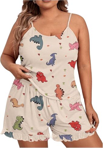 Soly Hux Women's Plus Size Set Pajama Set Cump Cartoon Print Sleepwear Cami Top and Shorts Loungewear in Saudi Arabia
