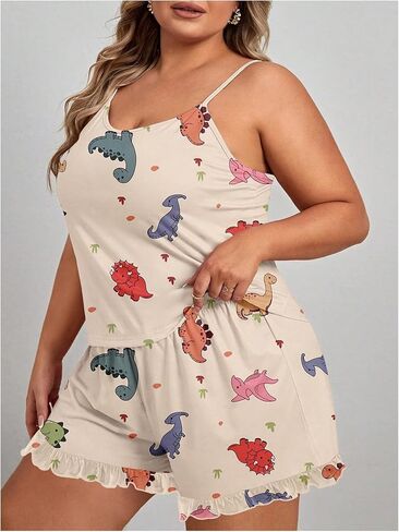 Soly Hux Women's Plus Size Set Pajama Set Cump Cartoon Print Sleepwear Cami Top and Shorts Loungewear in Saudi Arabia
