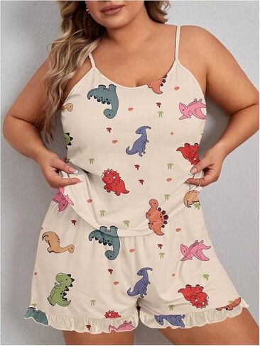 Soly Hux Women's Plus Size Set Pajama Set Cump Cartoon Print Sleepwear Cami Top and Shorts Loungewear in Saudi Arabia