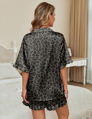 Ekouaer Womens Satin Pajamas Cute Ruffle Sleeve Printed Sleepwear Button Down Silk Pjs Set in Kuwait