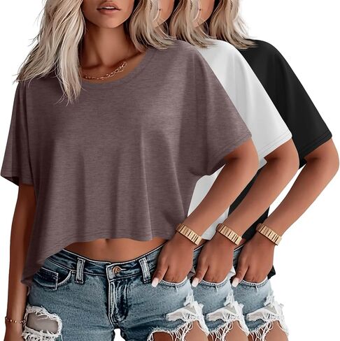 Huukaey 3 Pack Eversive Trassed Thirts for Women Disual Shorts Shorts Tops Tops Crew Neck Engular Endgular Tees Tees in Kuwait