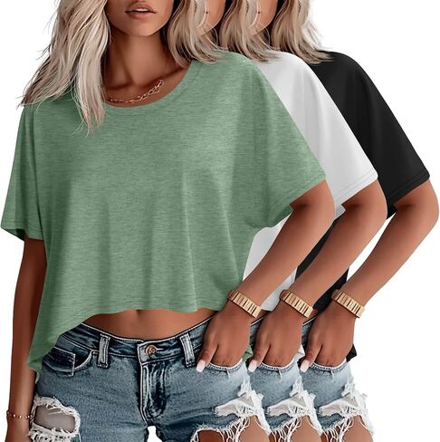 Huukaey 3 Pack Eversive Trassed Thirts for Women Disual Shorts Shorts Tops Tops Crew Neck Engular Endgular Tees Tees in Kuwait