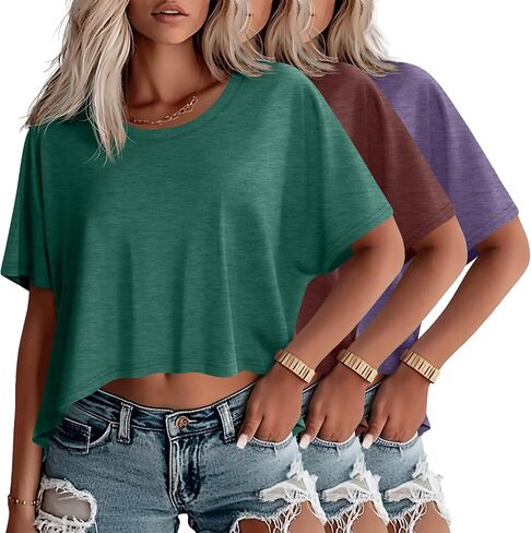 Huukaey 3 Pack Eversive Trassed Thirts for Women Disual Shorts Shorts Tops Tops Crew Neck Engular Endgular Tees Tees in Kuwait
