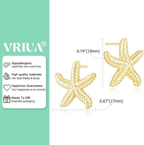 أقراط VRIUA Starfish للنساء - 14K الذهب/الفضة مطلي بالفضة النجمة البيان المستحضر الأقراط in Kuwait