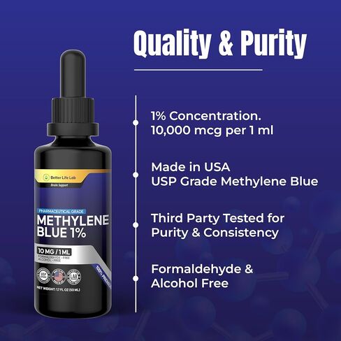 Methylene Blue Pharmaceutical Grade 99.99% with Dropper, Health Dietary Supplement for Humans, No Formaldehyde, Made in USA (1% 50ml Bottle) in Saudi Arabia