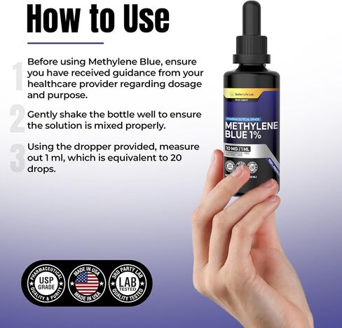 Methylene Blue Pharmaceutical Grade 99.99% with Dropper, Health Dietary Supplement for Humans, No Formaldehyde, Made in USA (1% 50ml Bottle) in Saudi Arabia
