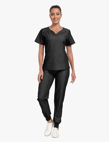 Scrubs for Women Set, Curve V-Neck Top & Drawstring Jogger Pants, 7 Pockets, 4-Way Stretch Nurse Uniforms in Saudi Arabia