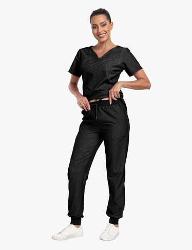Scrubs for Women Set, Curve V-Neck Top & Drawstring Jogger Pants, 7 Pockets, 4-Way Stretch Nurse Uniforms in Saudi Arabia