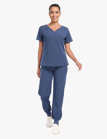 Scrubs for Women Set, Curve V-Neck Top & Drawstring Jogger Pants, 7 Pockets, 4-Way Stretch Nurse Uniforms in Kuwait