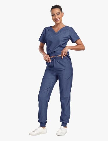 Scrubs for Women Set, Curve V-Neck Top & Drawstring Jogger Pants, 7 Pockets, 4-Way Stretch Nurse Uniforms in Kuwait