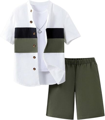 Boy's 2 Piece Outfits Color Block Button Down Shirts and Solid Track Shorts in Saudi Arabia
