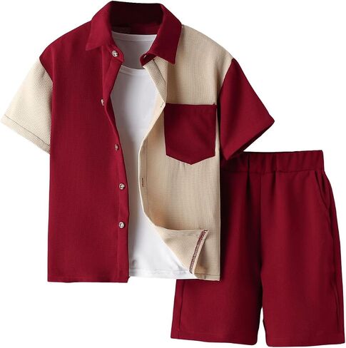 Boy's 2 Piece Outfits Color Block Button Down Shirts and Solid Track Shorts in Saudi Arabia