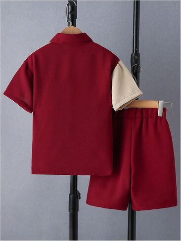 Boy's 2 Piece Outfits Color Block Button Down Shirts and Solid Track Shorts in Saudi Arabia